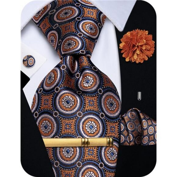 Mens Silk Paisley Tie Pocket Square Cufflinks Lapel Pin Set Wedding Party - Picture 1 of 7